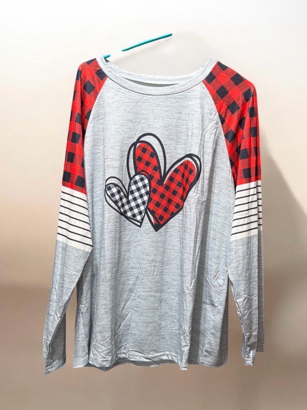 Gray Long-Sleeve Heart Raglan Top with Red Buffalo Plaid